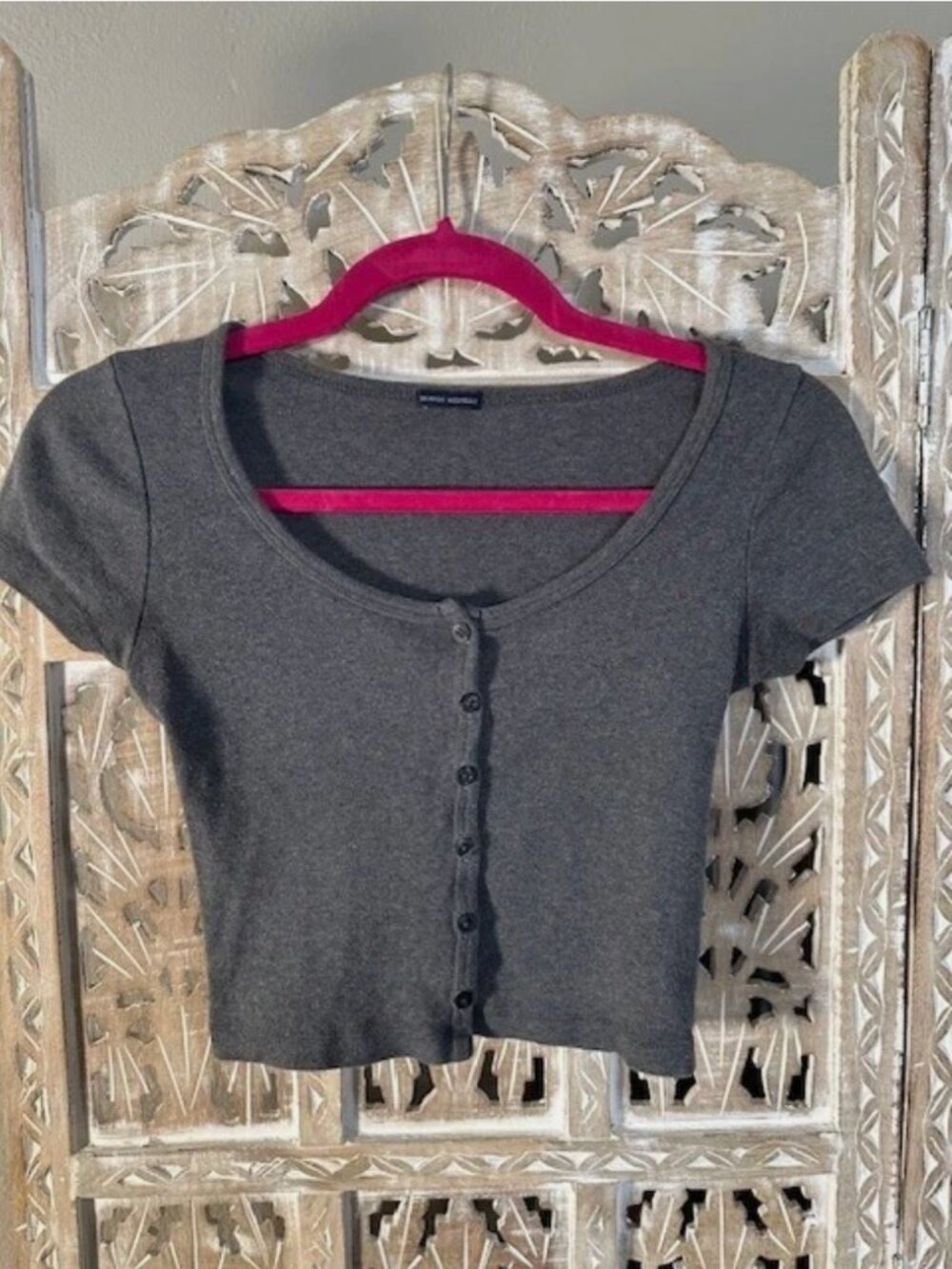 Brandy Melville Button Down Ribbed Short Sleeve Grey / Gray Crop Top